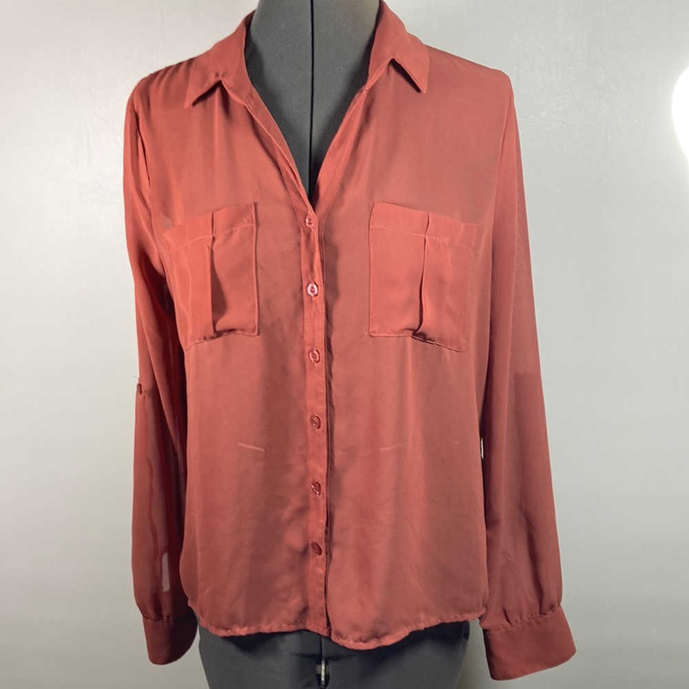 Mine Semi Sheer Long Tab Sleeve Button Front Blouse Size M